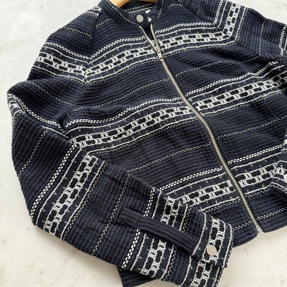 A.L.C. Zip Front Tweed Jacket Womens 2 Navy Geometric Stripe Italian